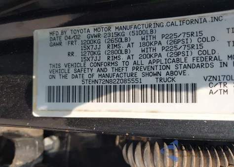 2002 Toyota Tacoma Base V6 from USA, damaged, VIN 5TEHN72N82Z085551
